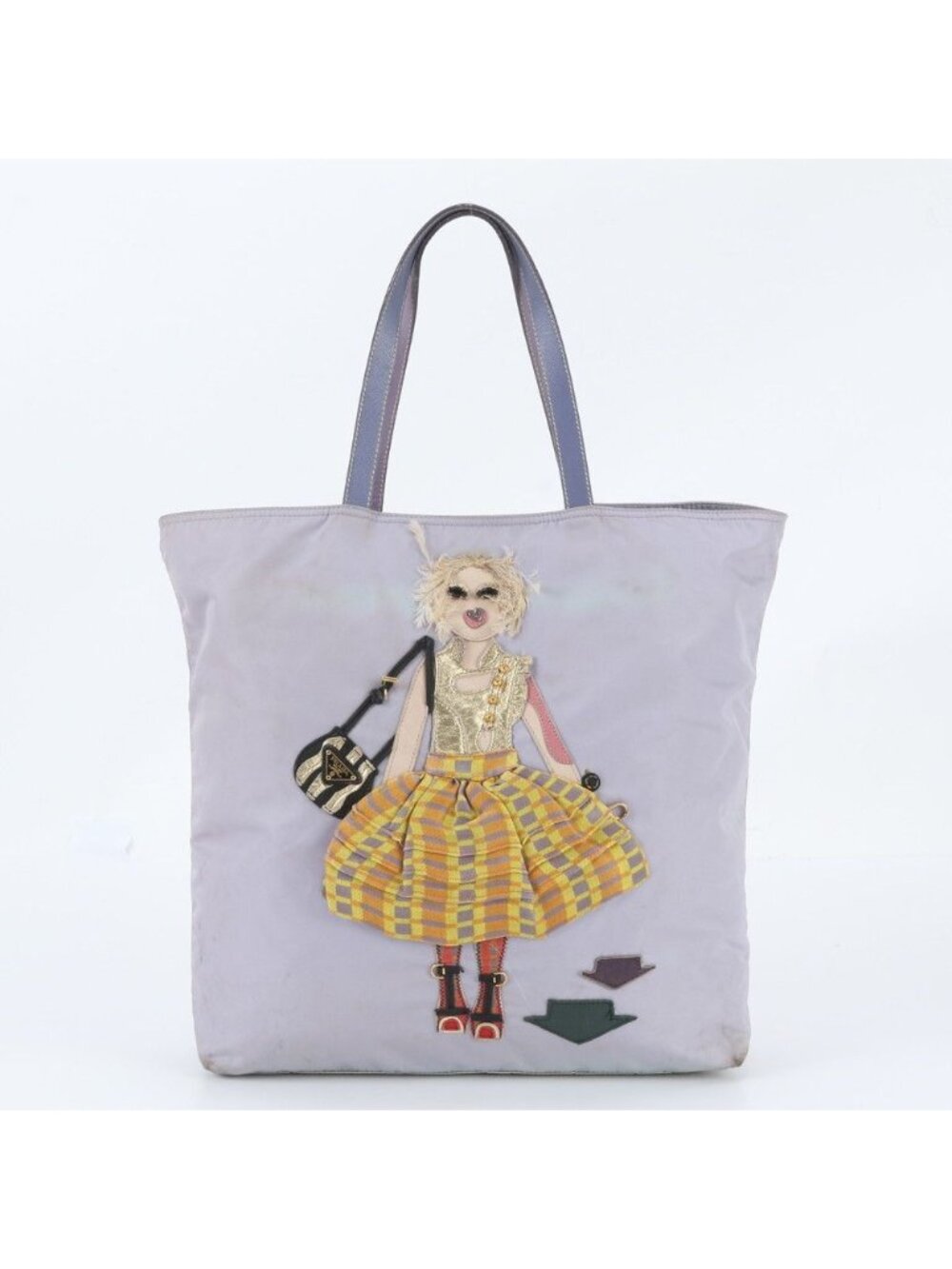 Prada Tessuto Nylon Triangle Logo Doll Embroidery Leather Tote Bag